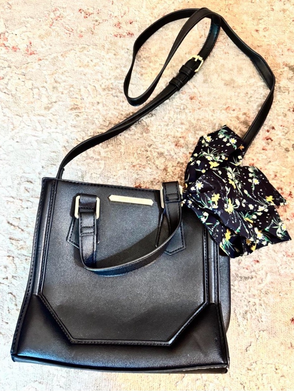 Steve Madden Black Satchel with Floral Scarf Accent